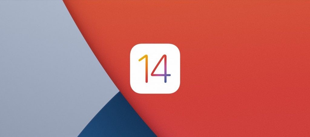 A graphic showing the iOS 14 logo on  red, mauve and blue background image.