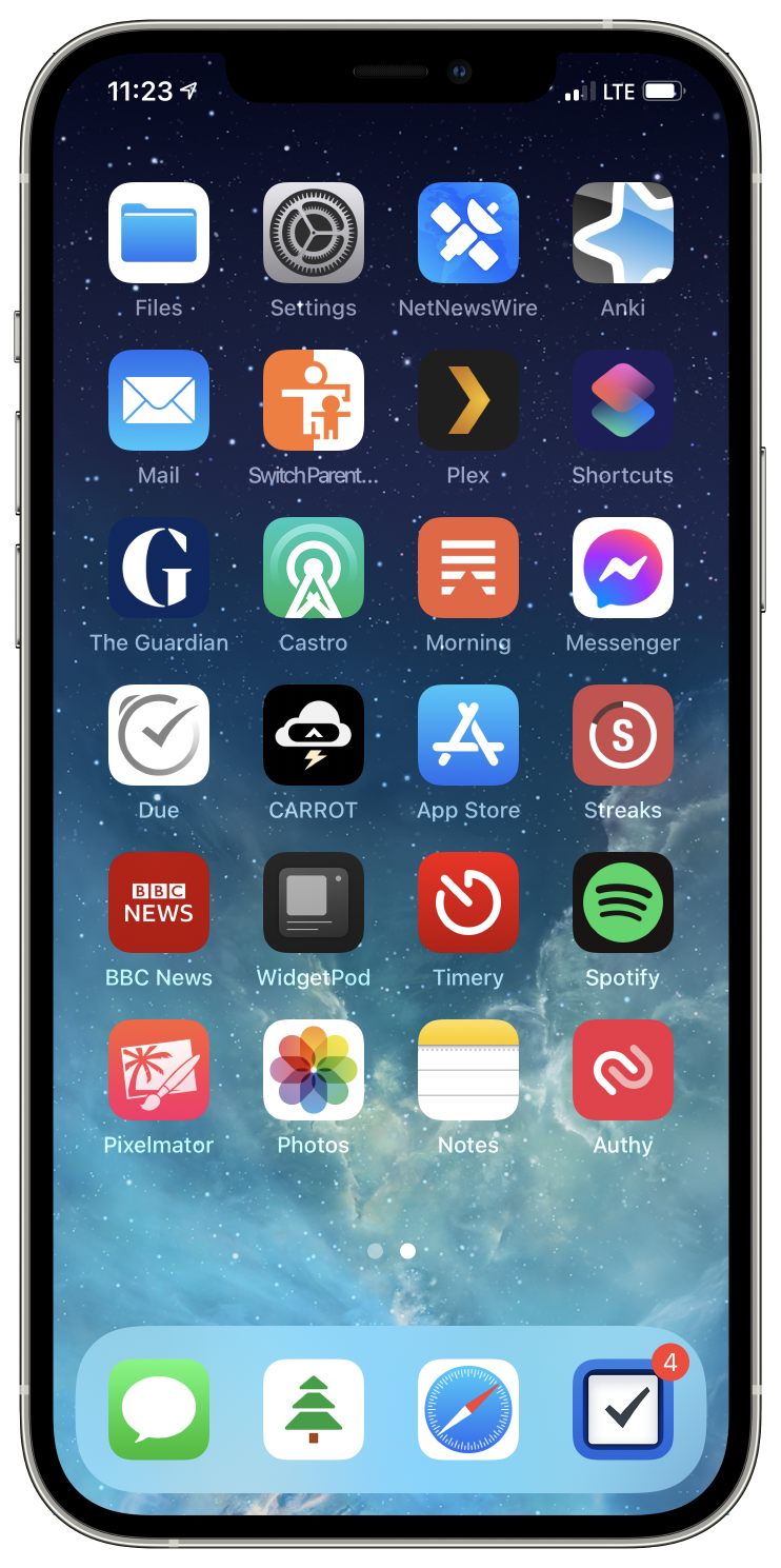 An iPhone homescreen in a 4 by 6 grid. The icons read from top left to bottom right: Files, Settings, NetNewsWire, Anki, Mail, SwitchParentControl, Plex, Shortcuts, The Guardian, Castro, Morning, Messenger, Due, CARROT, App Store, Streaks, BBCL News, WidgetPod, Timery, Spotify, Pixelmator, Photos, Notes and Authy.