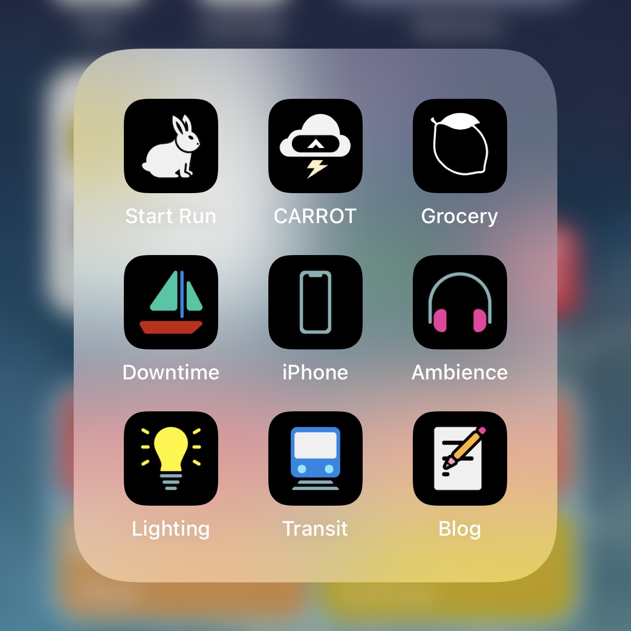 An iPhone folder containing nine icons arranged in a 3-by-3 grid. From top left to bottom right they read: Start Run, CARROT, Grocery, Downtime, iPhone, Ambience, Lighting, Transit, Blog. The icons are images on black backgrounds which reflect the names.